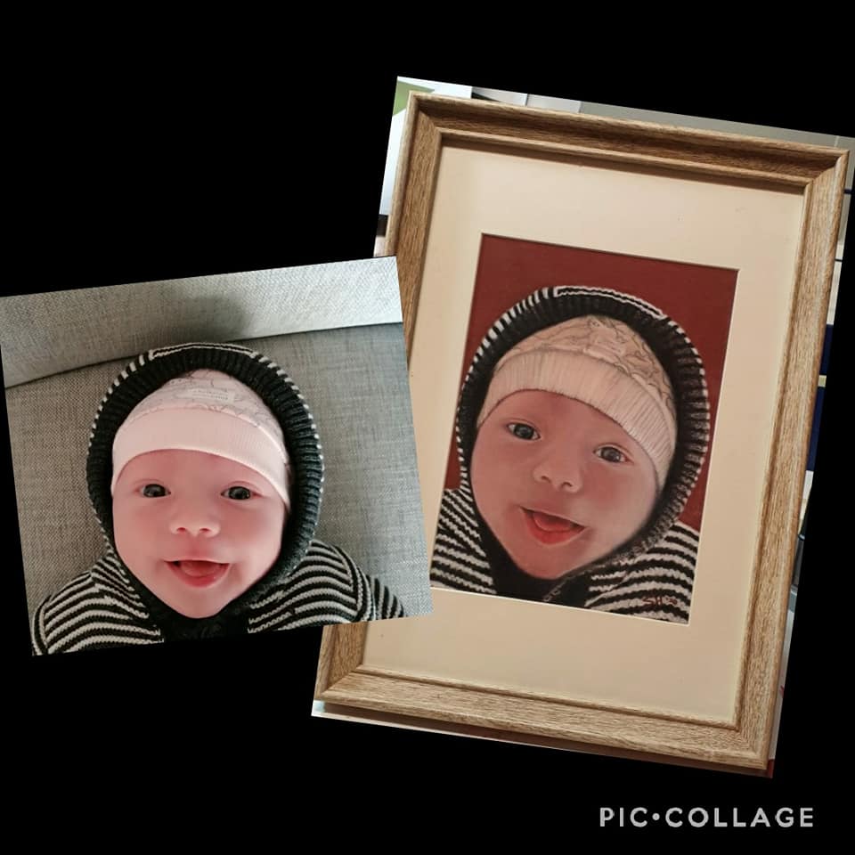 Portret tekening van een baby, collage voor en na.
