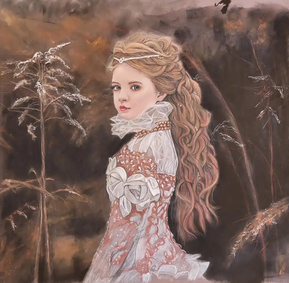 Portret tekening van een meisje gemaakt met pastel potloden